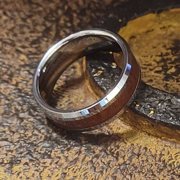Men's Real Silver Tungsten Wedding Ring Whiskey Barrel Wood Inlay - Picture 9 of 10